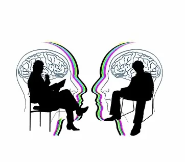 Artistic illustration of two silhouetted faces with brain outlines